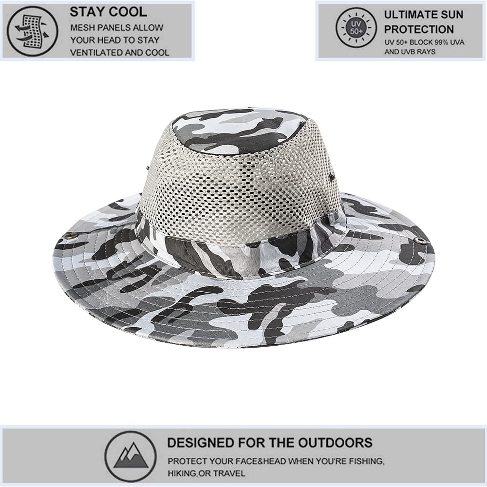 Silensys Camo Boonie Hat for Men Women Bucket Hats Wide Brim Breathable Sun Cap Camouflage for Hunting Safari Fishing (Camo Mesh Gray）